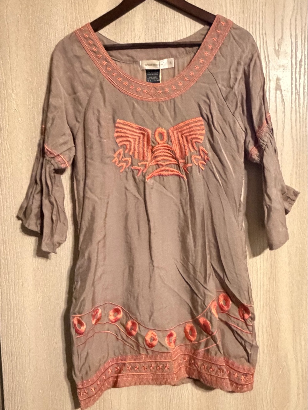 Urban Mangoz Embroidered  Taupe Dress with Coral Accents